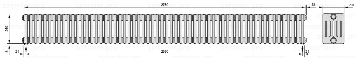 Схема (чертеж) Радиатор Zehnder Charleston 6026/60 №5310 Белый глянцевый RAL 9016